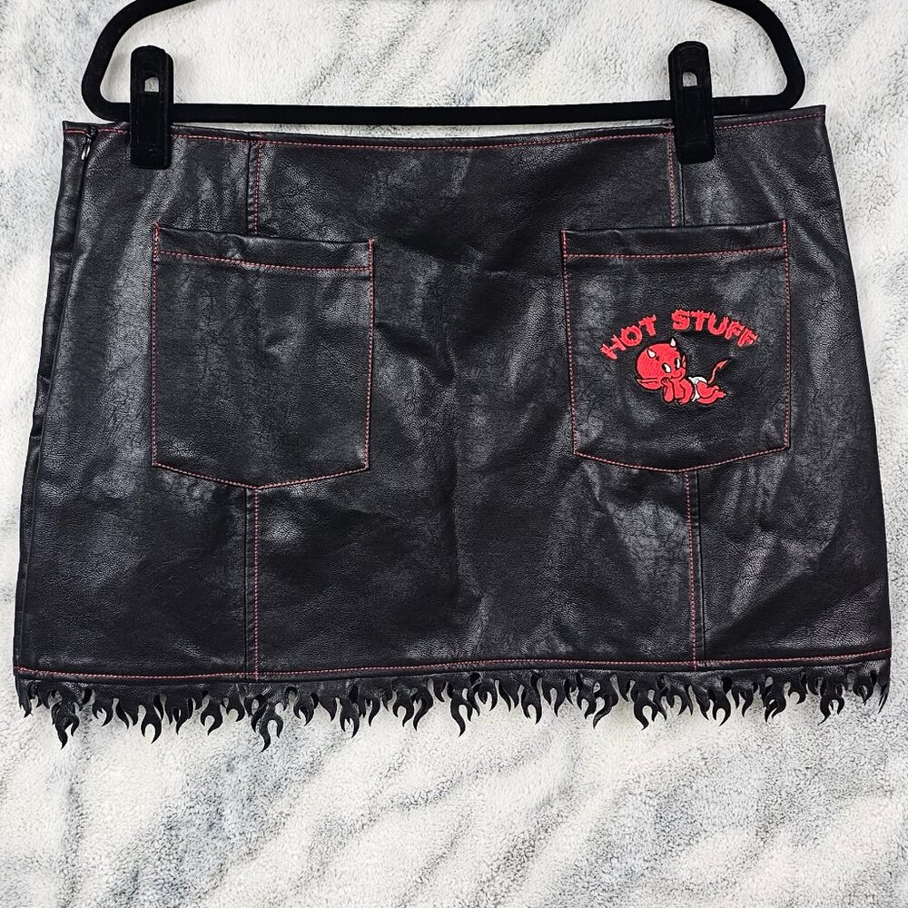 Dolls Kill x Hot Stuff Casper XXL Vegan Leather Flame Hem Mini Skirt Red Stitch